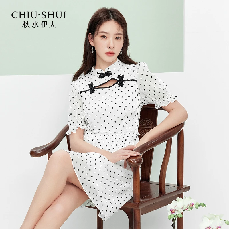 【小铃铛】秋水伊人国风植绒连衣裙夏镂空雪纺裙622203E320294