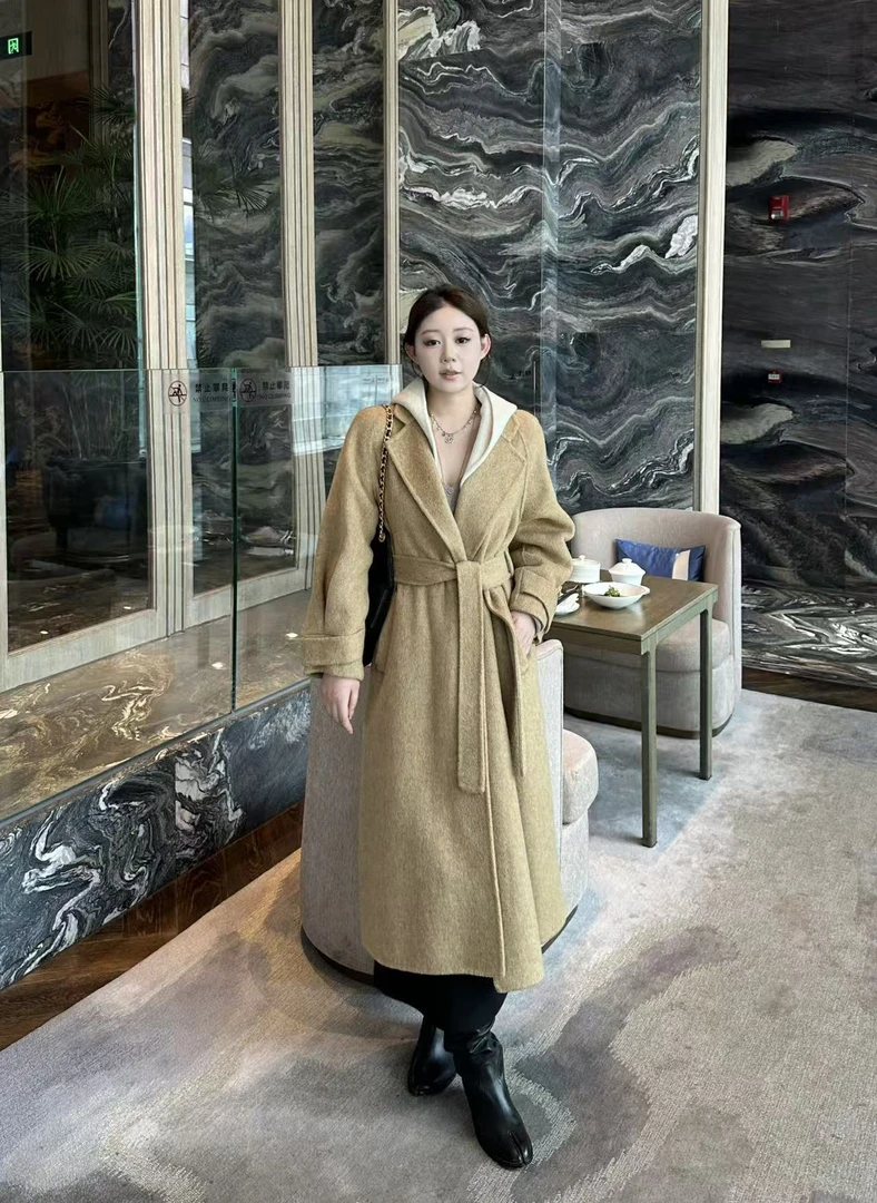 琪琪怪怪大码女装【素里】时尚撞色连帽双面尼长款大衣C17969QTQ