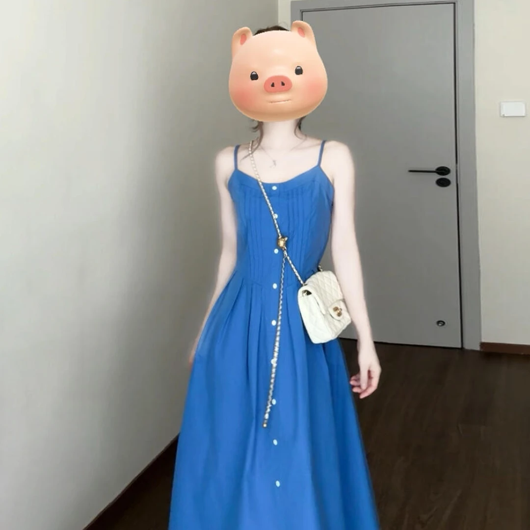 法式蓝色无袖吊带连衣裙子女夏季2025年新款海边度假气质收腰长裙