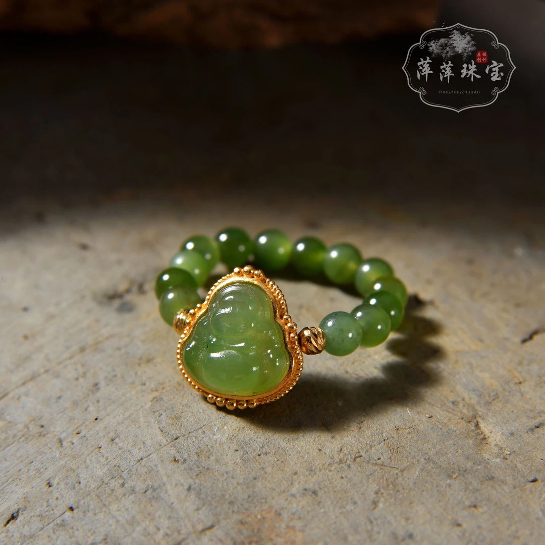 925银碧玉佛公戒指4MM和田玉碧玉戒圈精致国风饰品珠宝戒指