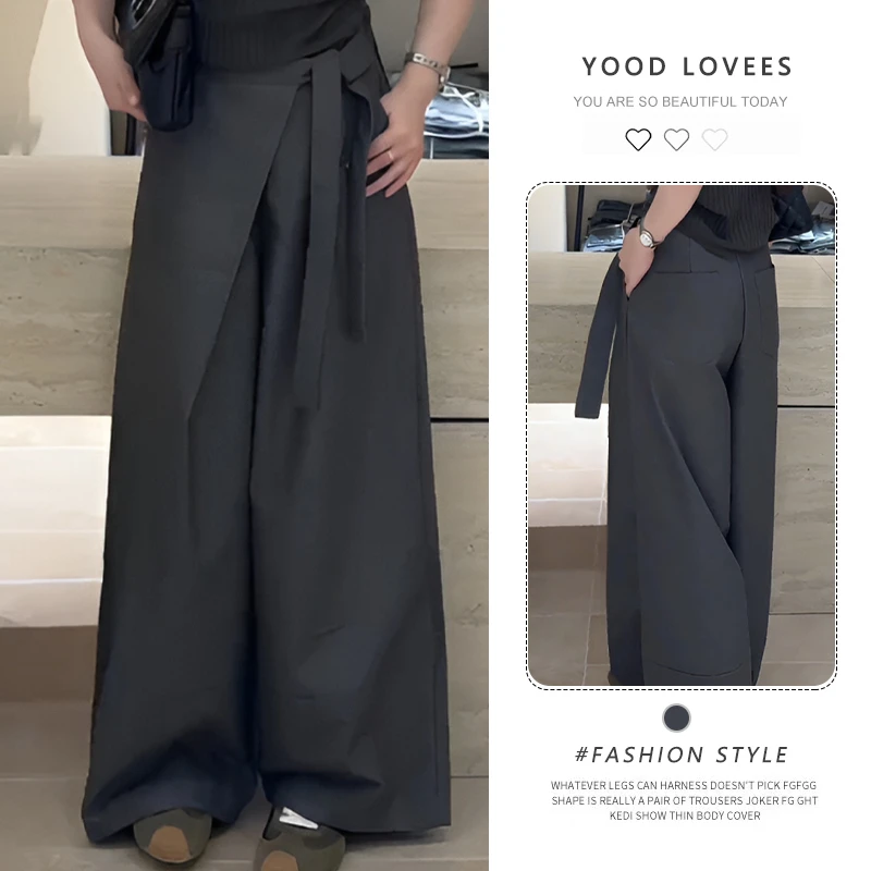 韩系设计感不规则高腰绑带休闲裤子女2025春秋新款显瘦阔腿裤长裤