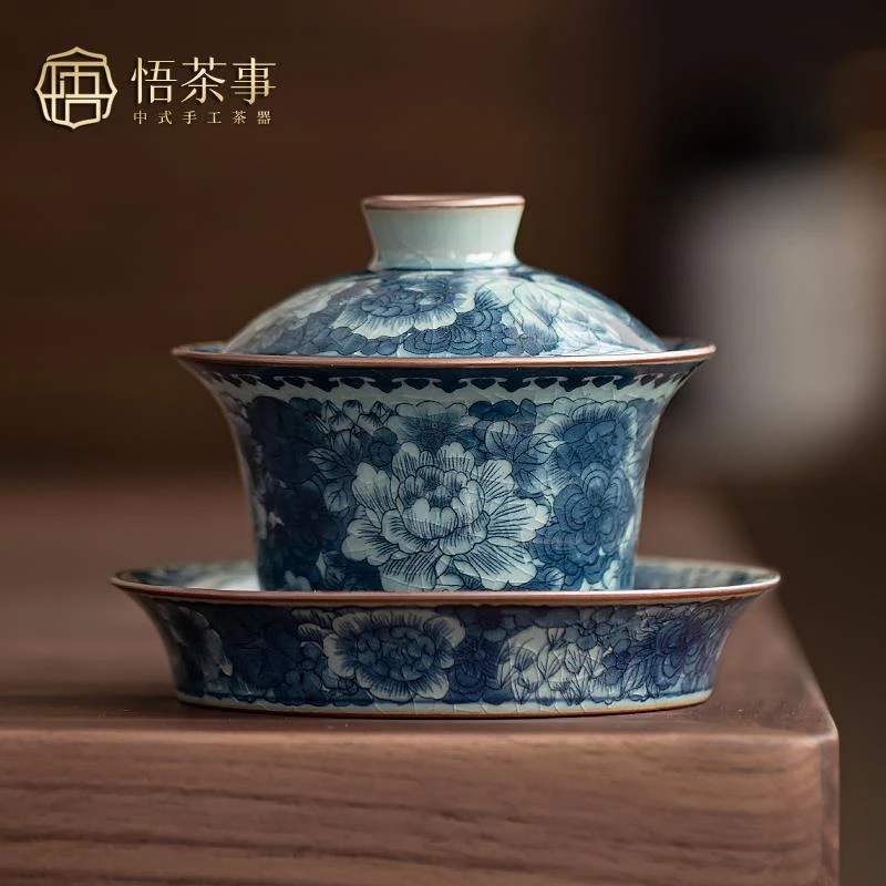 【轻奢】 牡丹元青花三才盖碗茶杯 釉下彩冰裂纹单个防烫高档泡茶