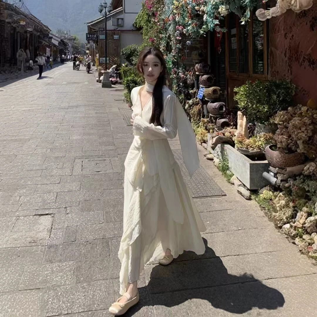 新中式套装女春季国风气质V领不规则长袖衬衫温柔A字半身裙两件套