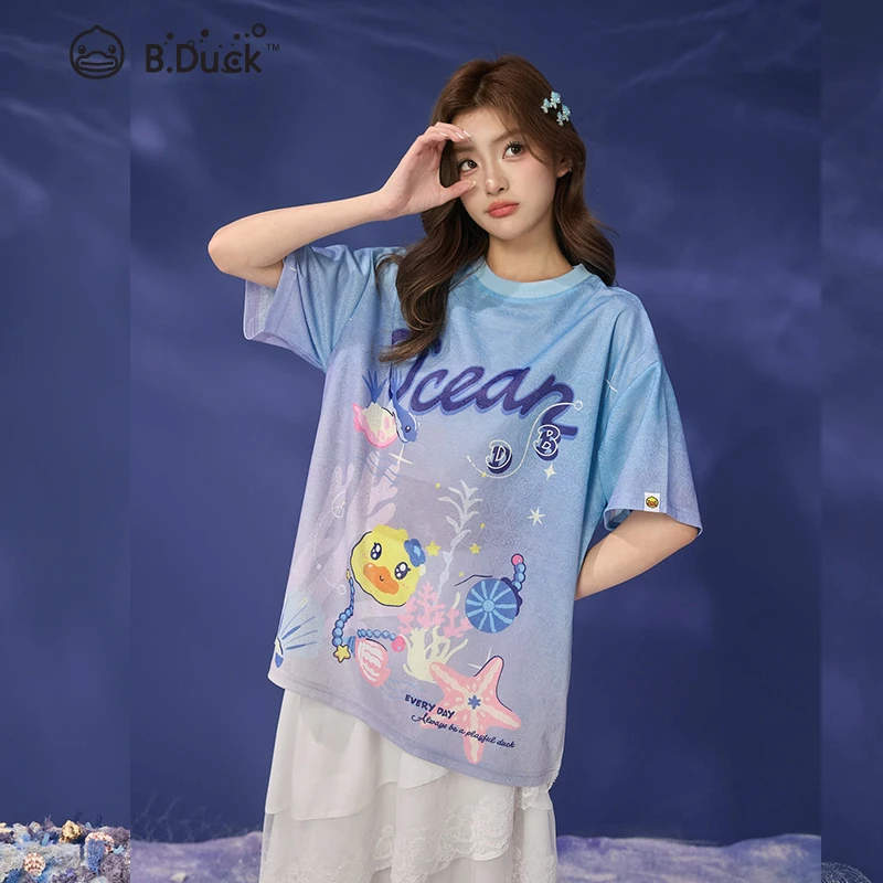 B.Duck小黄鸭2025夏季新款宽松潮服趣味蓝紫数码印时尚圆领T恤
