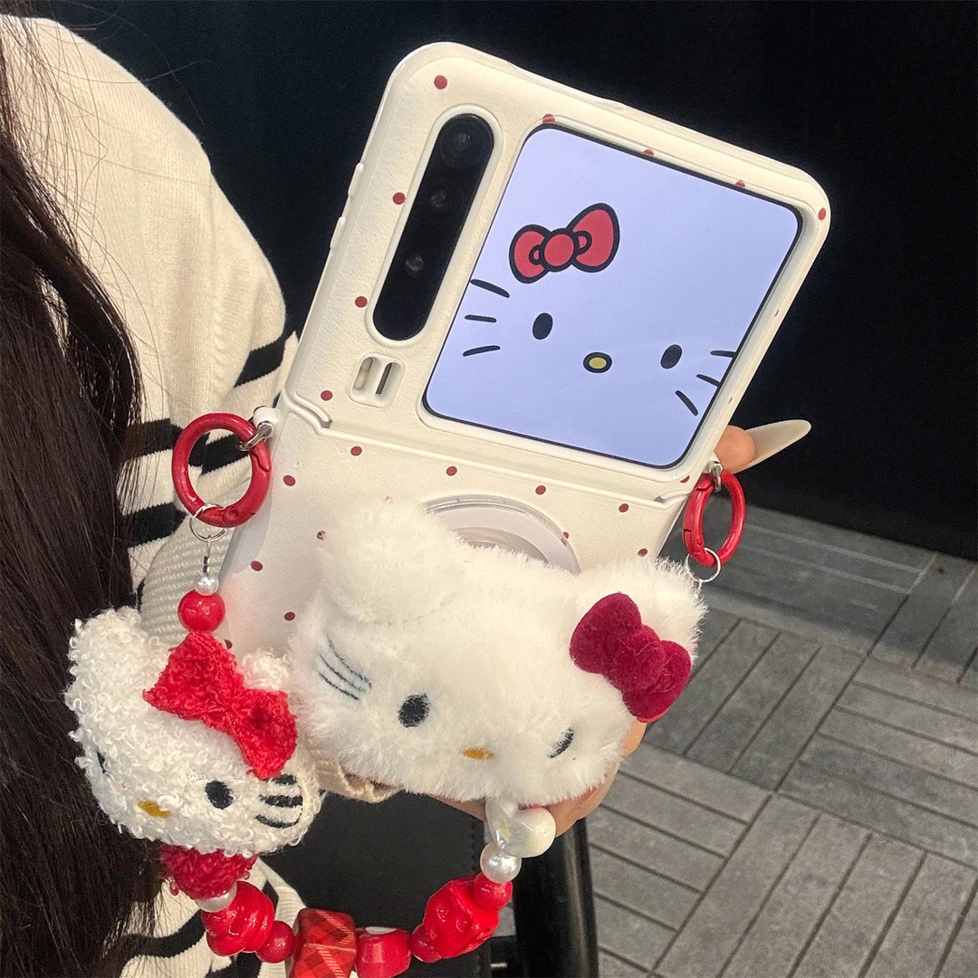 适用华为purax折叠屏手机壳白皮质红波点pocket2毛绒kt猫磁吸支架