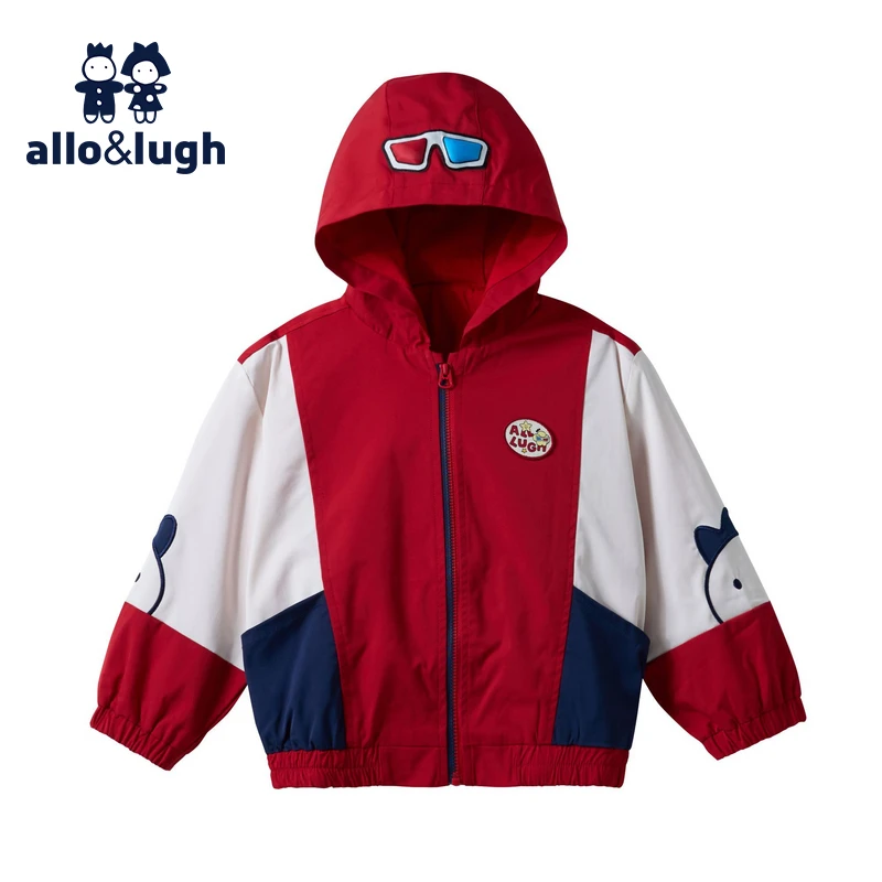 阿路和如儿童装男童新款红色撞色拼接连帽外套上衣上装