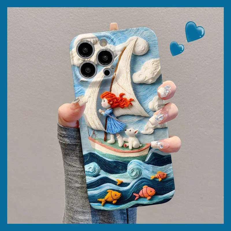 毛线帆船女孩适用苹果16手机壳华为可爱vivo全包小米14oppo菲林壳