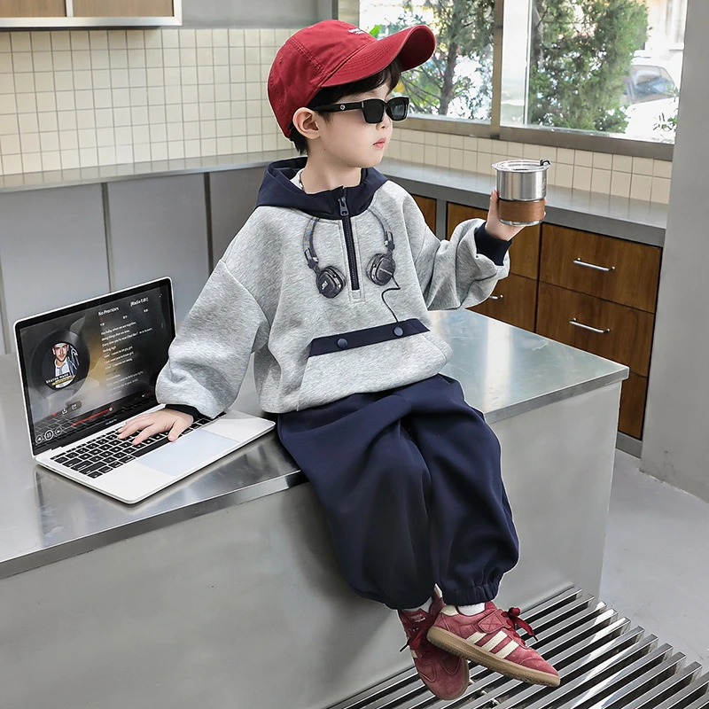 男童秋装套装2025新款华棉连帽卫衣卫裤运动春秋男孩儿童两件套