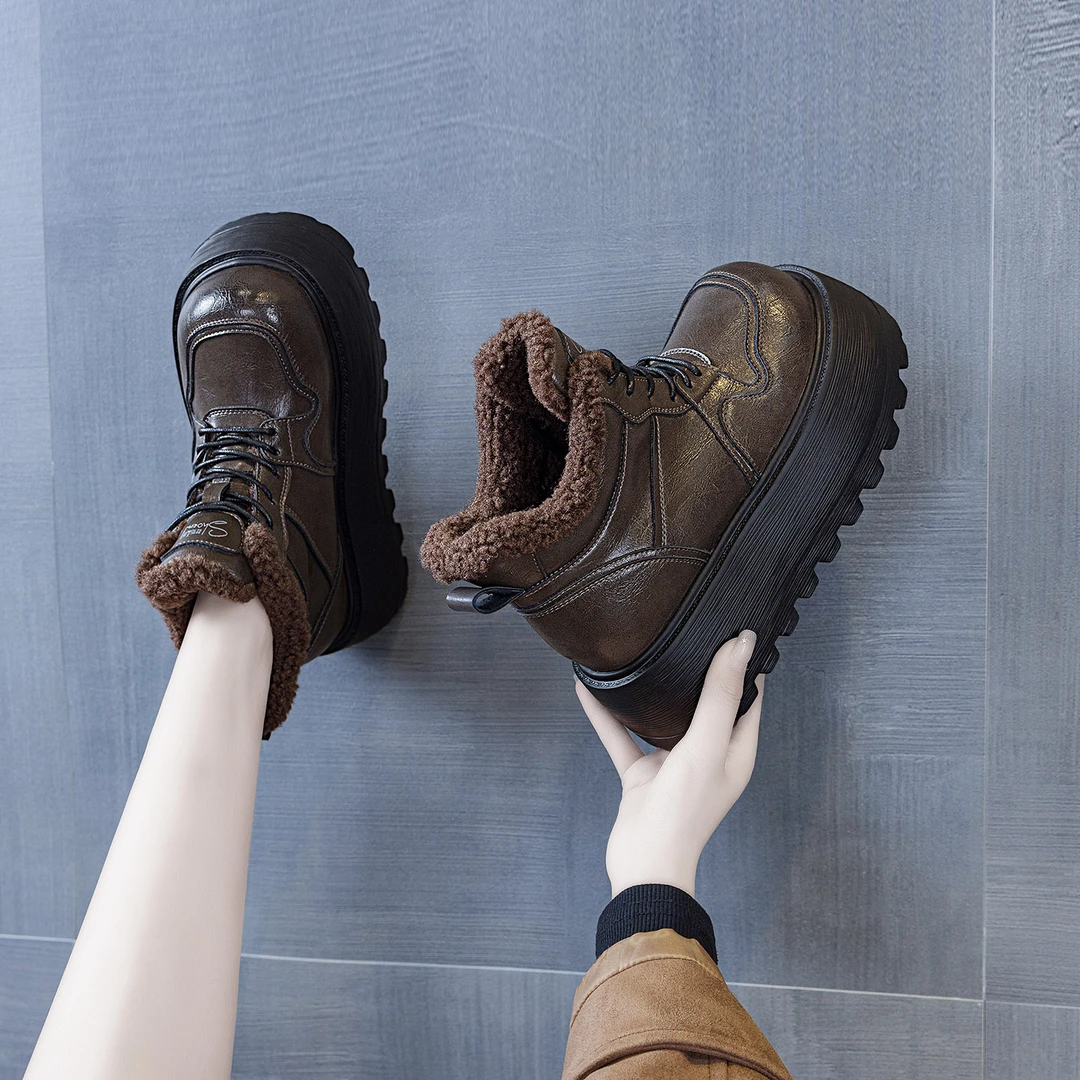 增高7cm松糕勃肯鞋女2025冬季加绒保暖厚底小个子小皮鞋25181