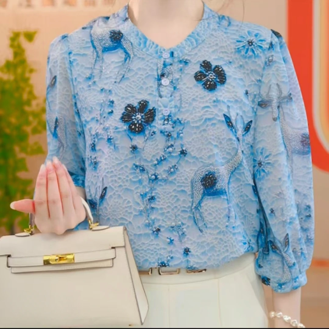 2025小蓝花超仙春夏法式花色女衬衫小衫女装上衣洋气气质套头0608