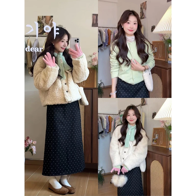 MARIE.COCO秋冬新款韩系穿搭软糯羊羔绒外套针织毛衣波点半身裙子