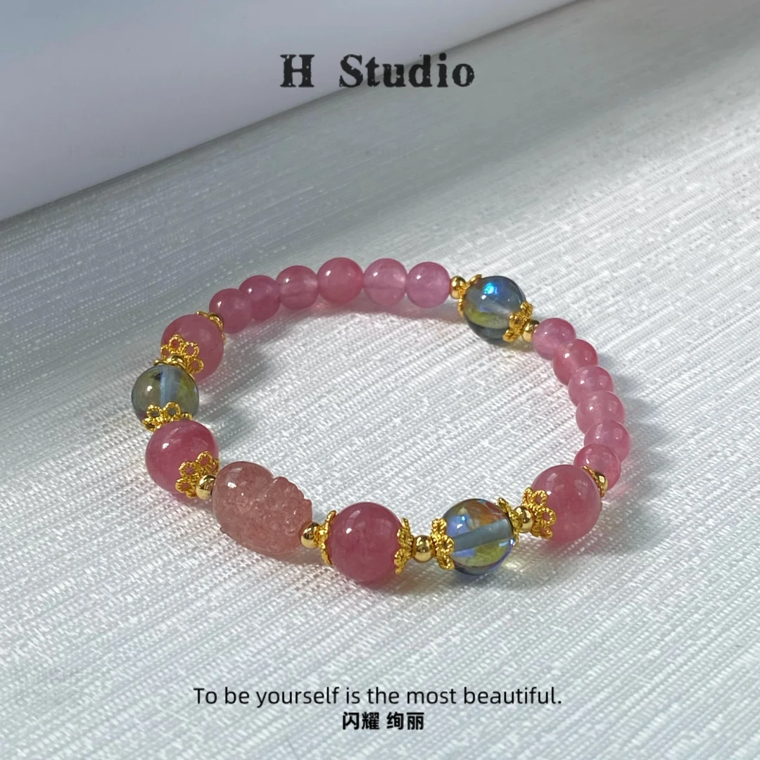 铜合金仿水晶手链 S1954 粉色拼色手串 气质轻奢简约