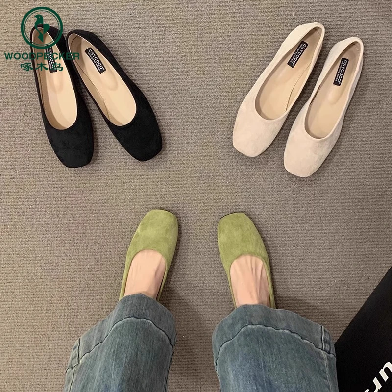 啄木鸟平底单鞋女2025新款春夏季浅口一脚蹬玛丽珍鞋芭蕾风豆豆鞋