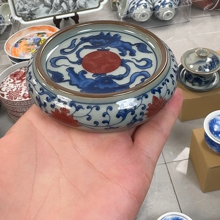 瓷片陶泥釉里红狮子杯垫景德镇