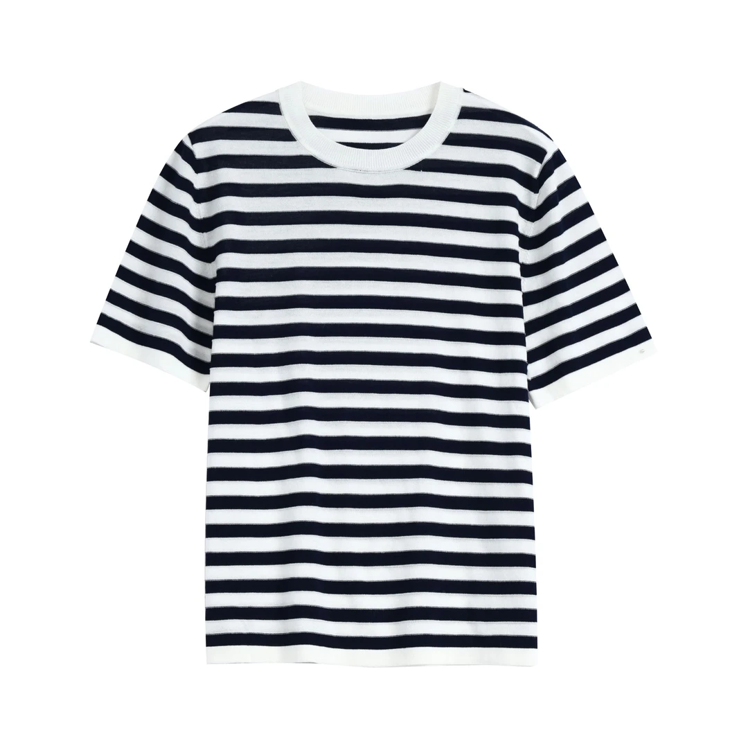 针织条纹T恤女长袖短袖25春新品0430