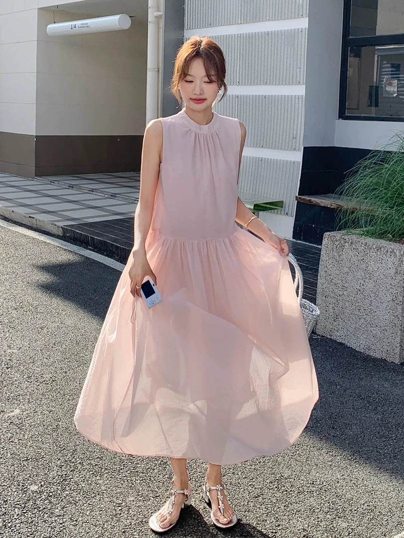 韩系度假风无袖背心裙夏季长款连衣裙气质显瘦甜美简约夏天连衣裙