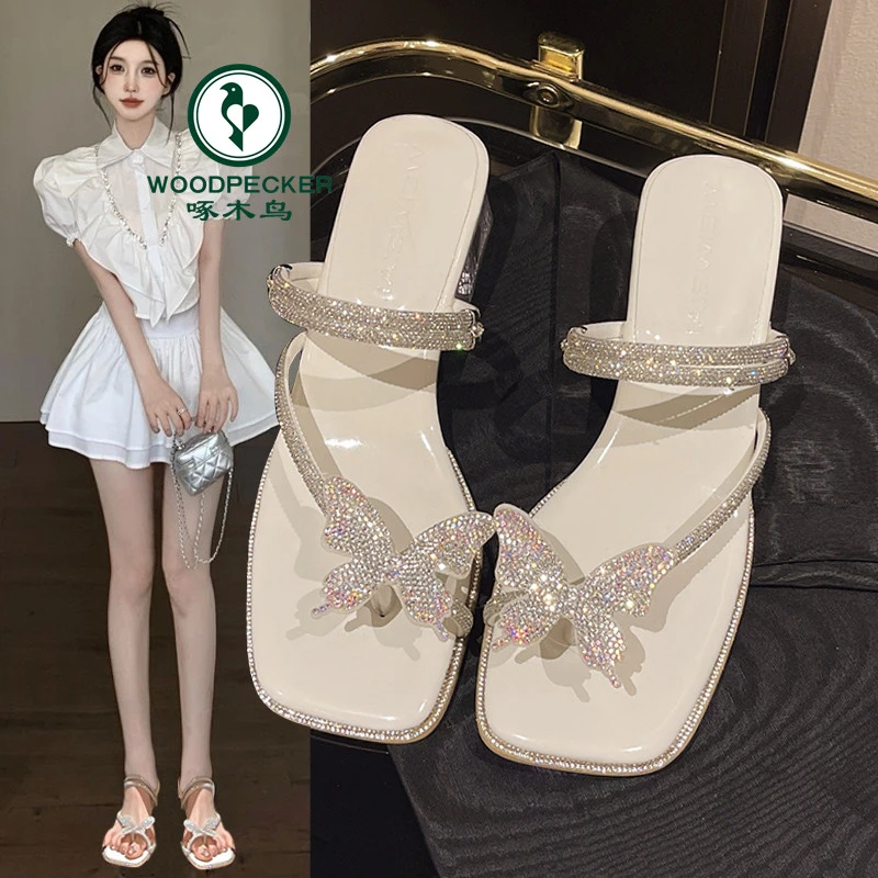 蝴蝶结水钻粗跟凉拖鞋女两穿2024夏季新款仙女风法式夹趾高跟凉鞋