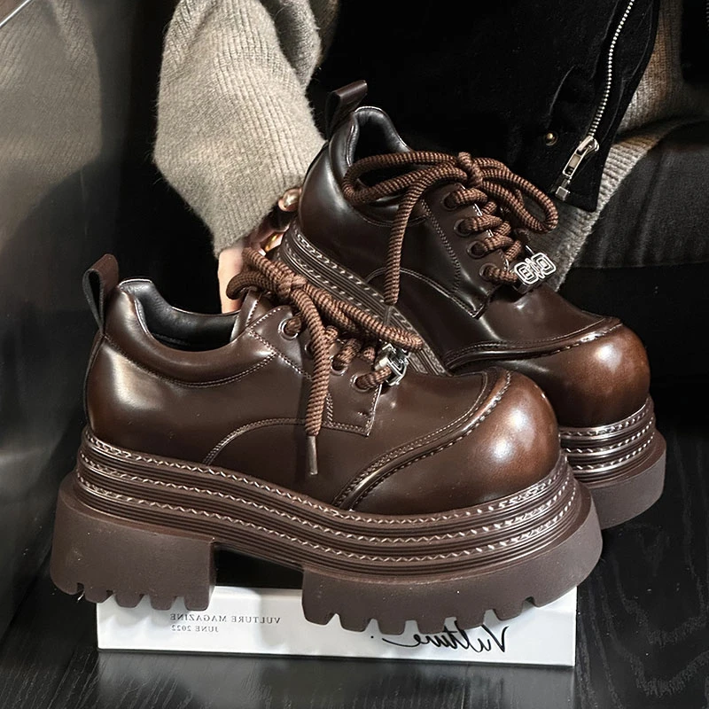 欧货厚底小皮鞋女英伦风圆头系带德比鞋单鞋小个子增高乐福鞋单鞋