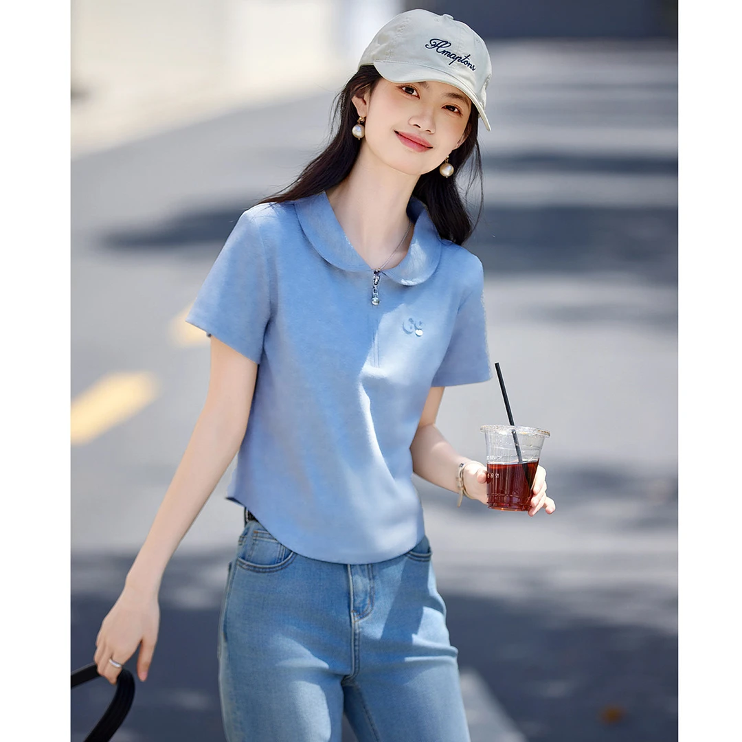 尚静通勤风纯色拉链短袖POLO衫2025夏季新款立体装饰不对称下摆