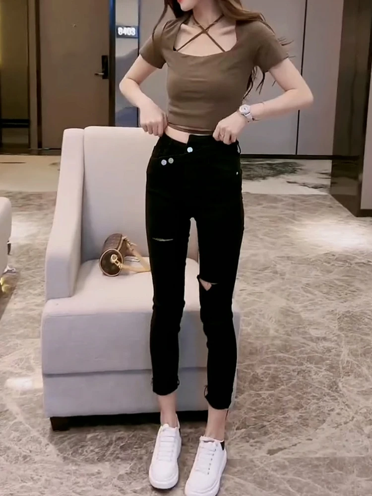 破洞弹力小脚牛仔裤女春夏季爆款小个子高腰显瘦紧身九分铅笔裤子