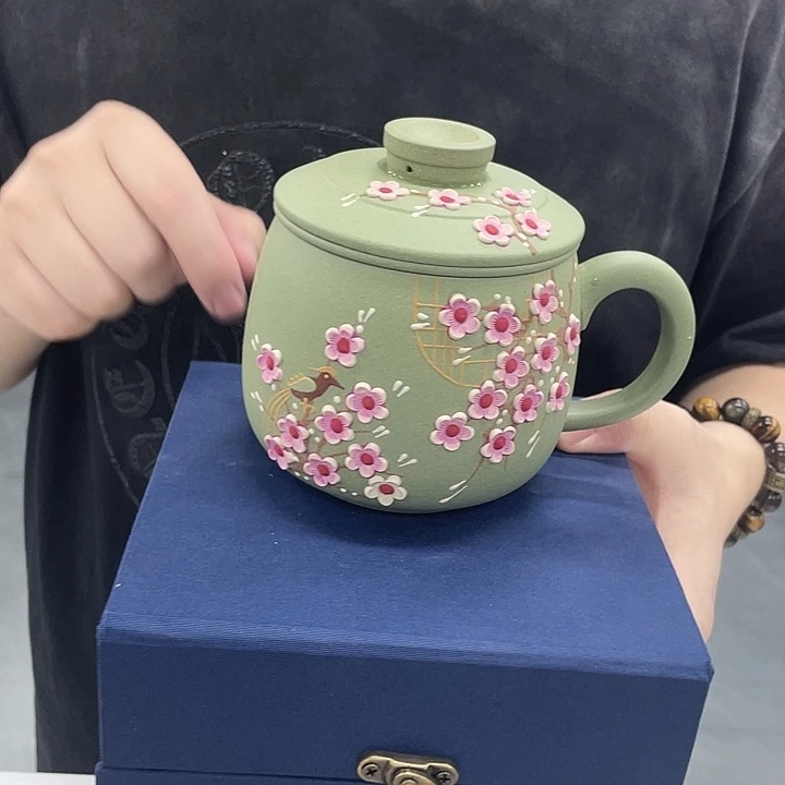 茶杯紫砂豆青砂喜上眉梢幻彩三件套
