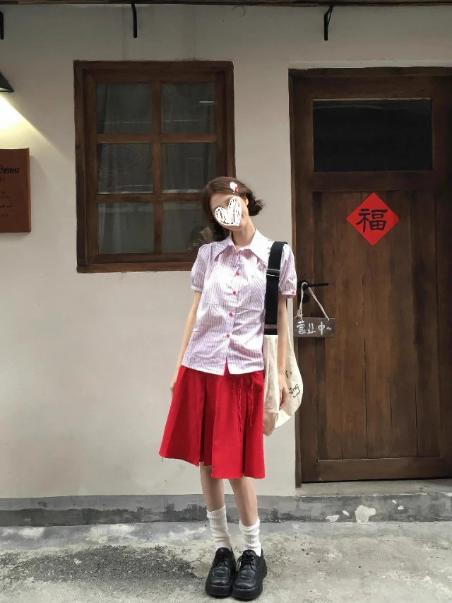 学院风条纹蝴蝶结泡泡袖衬衫女夏2025新款甜美设计感显瘦短袖上衣