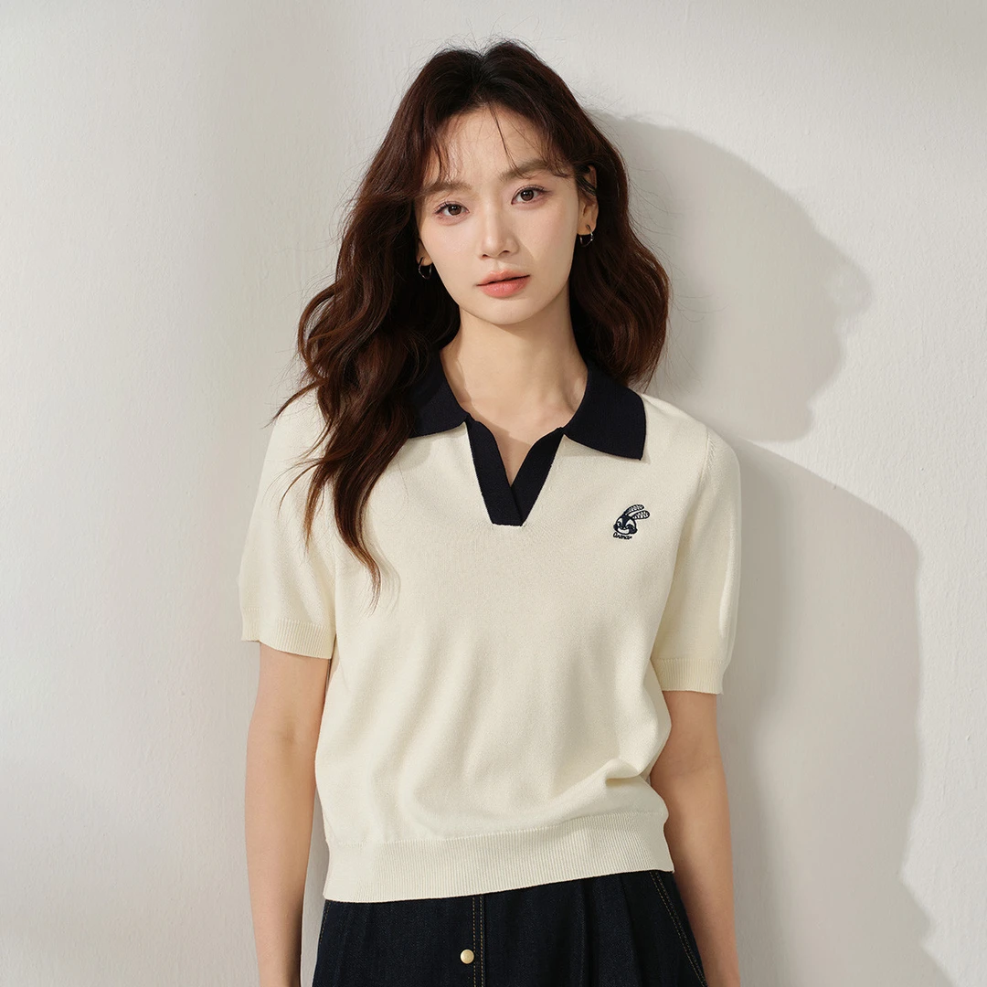 茵曼撞色POLO领针织衫女2025夏季百搭学院风绣花舒适休闲上衣