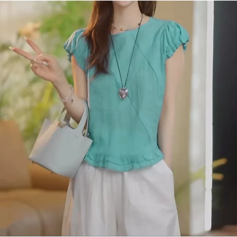 2025夏装法式圆领小清新黄/蓝气质设计感减龄百搭短袖女上衣21017