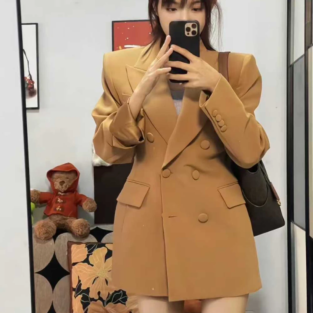 【FF】秋季新款高级蚂蚁腰显瘦气质双排扣女士西装外套轻奢