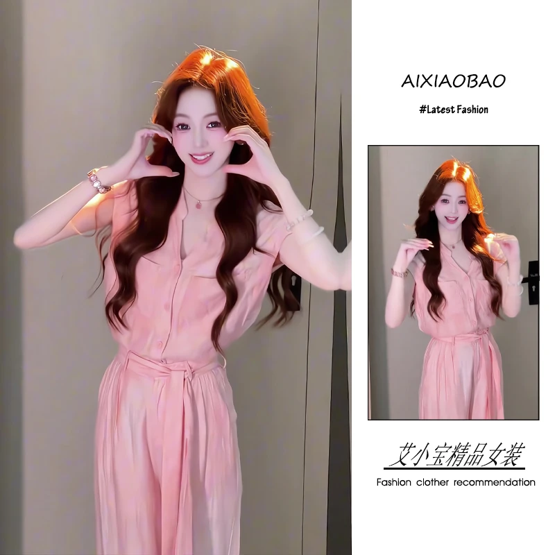 夏季2025年新款女装韩系穿搭慵懒风气质显瘦显白衬衫阔腿裤两件套