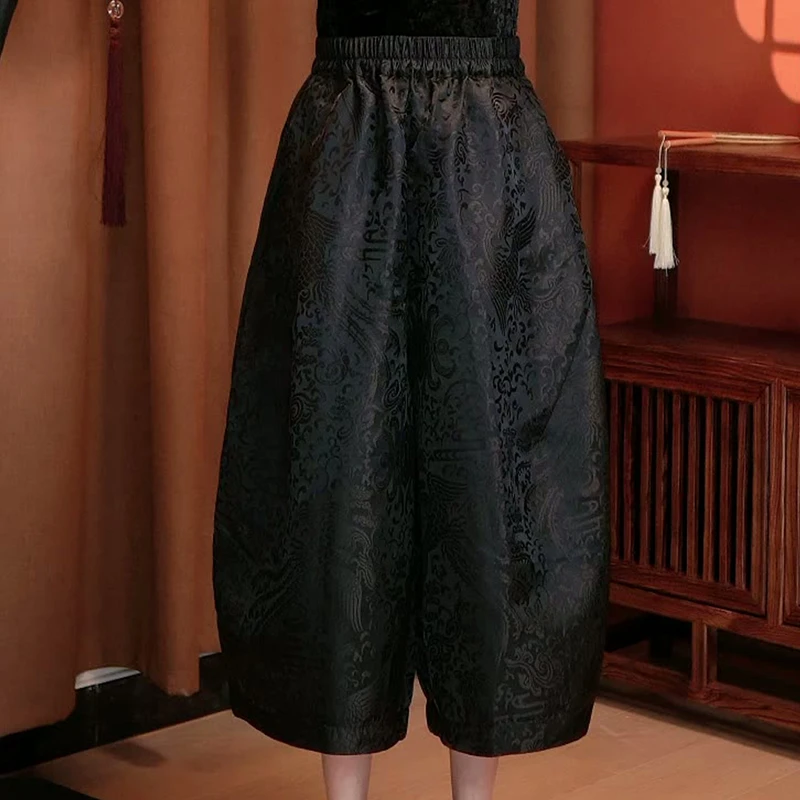 【红熹潮黑/黑金053-2】夏季休闲修身宽松凤凰百搭七八分花苞裤