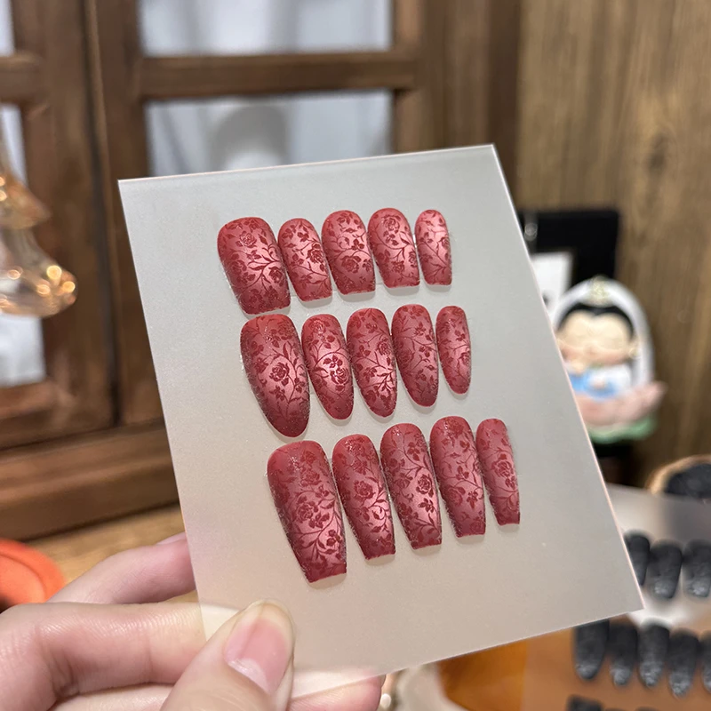 【红玫瑰】血色仙女气质丝绒磨砂冬季美甲纯手工穿戴甲