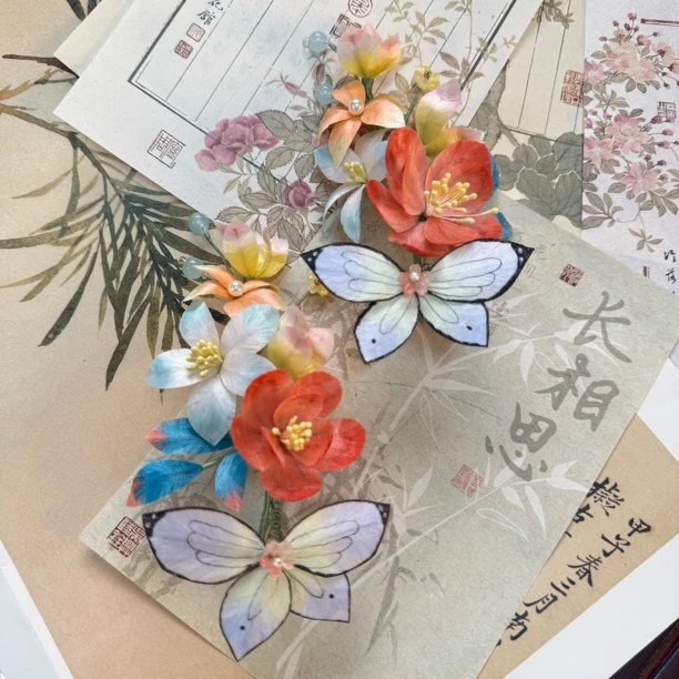 大麦吖古风发饰汉服绒花发簪 手工制作默认微瑕