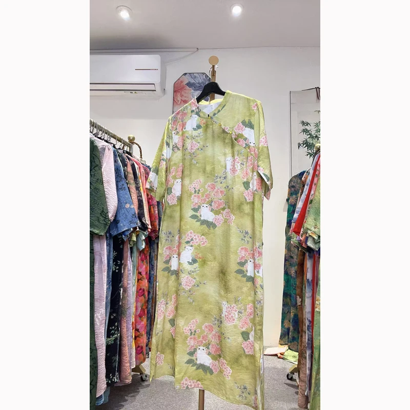 【淘气猫】大码中袖连衣裙新中式复古改良旗袍中长裙新款女装