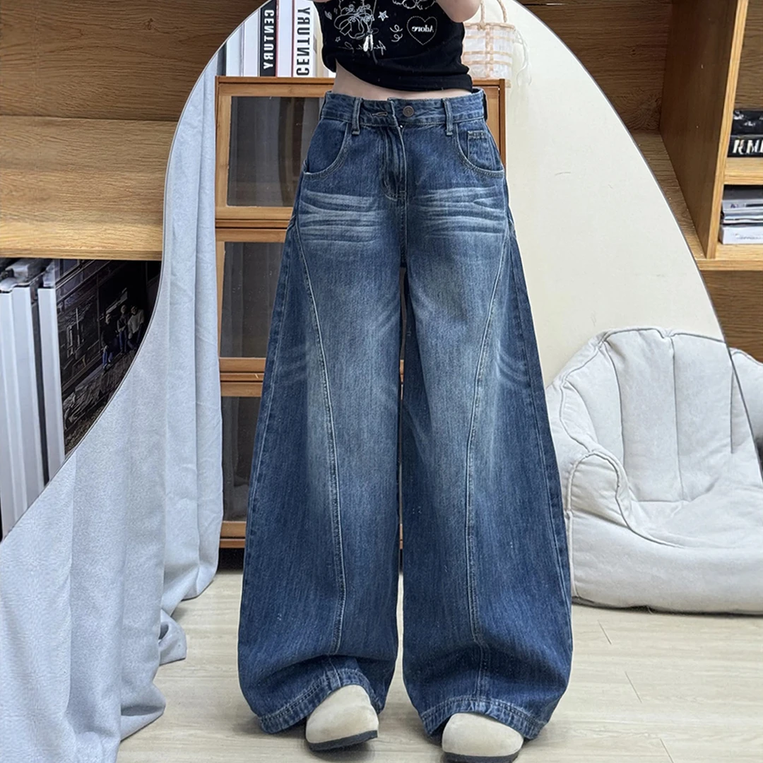 小个子弯刀阔腿牛仔裤女装秋季新款复古水洗宽松显瘦直筒拖地裤子