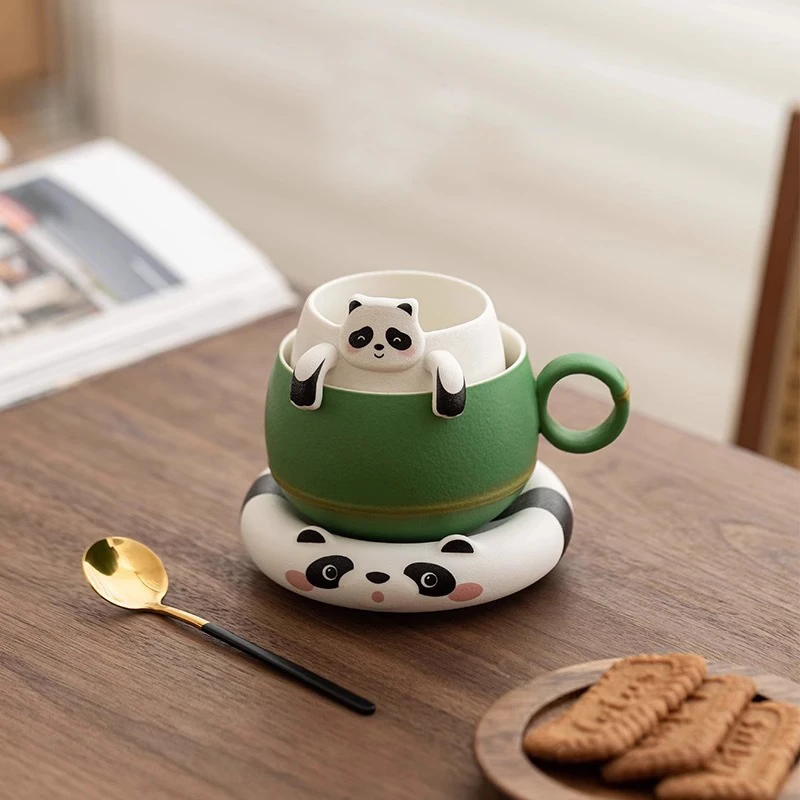 熊猫陶瓷马克杯趴趴熊茶水分离高颜值可爱个人茶杯水杯咖啡杯