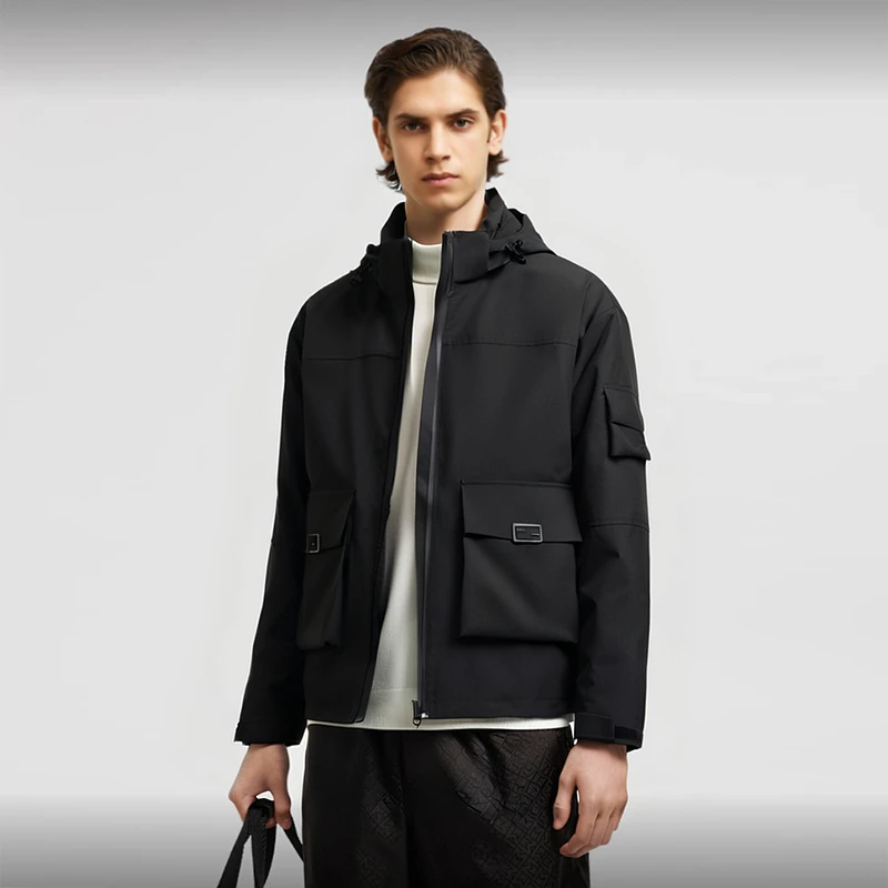 痞帅高级感男士冲锋服夹克防风防水单外套2025新款连帽外套黑色