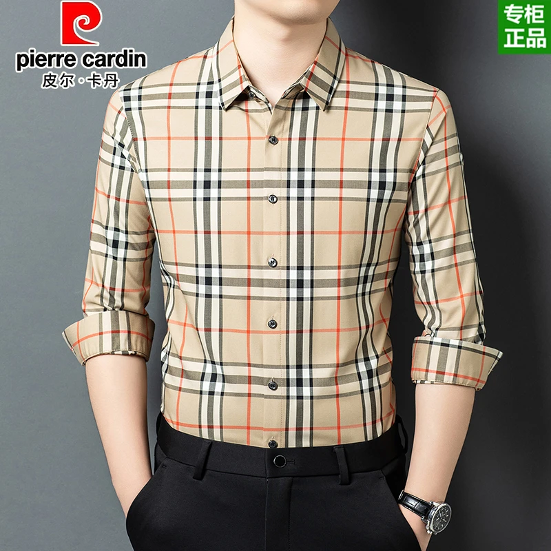 皮尔卡丹正品男士长袖格子衬衫2025新款中年男装时尚休闲宽松衬衣