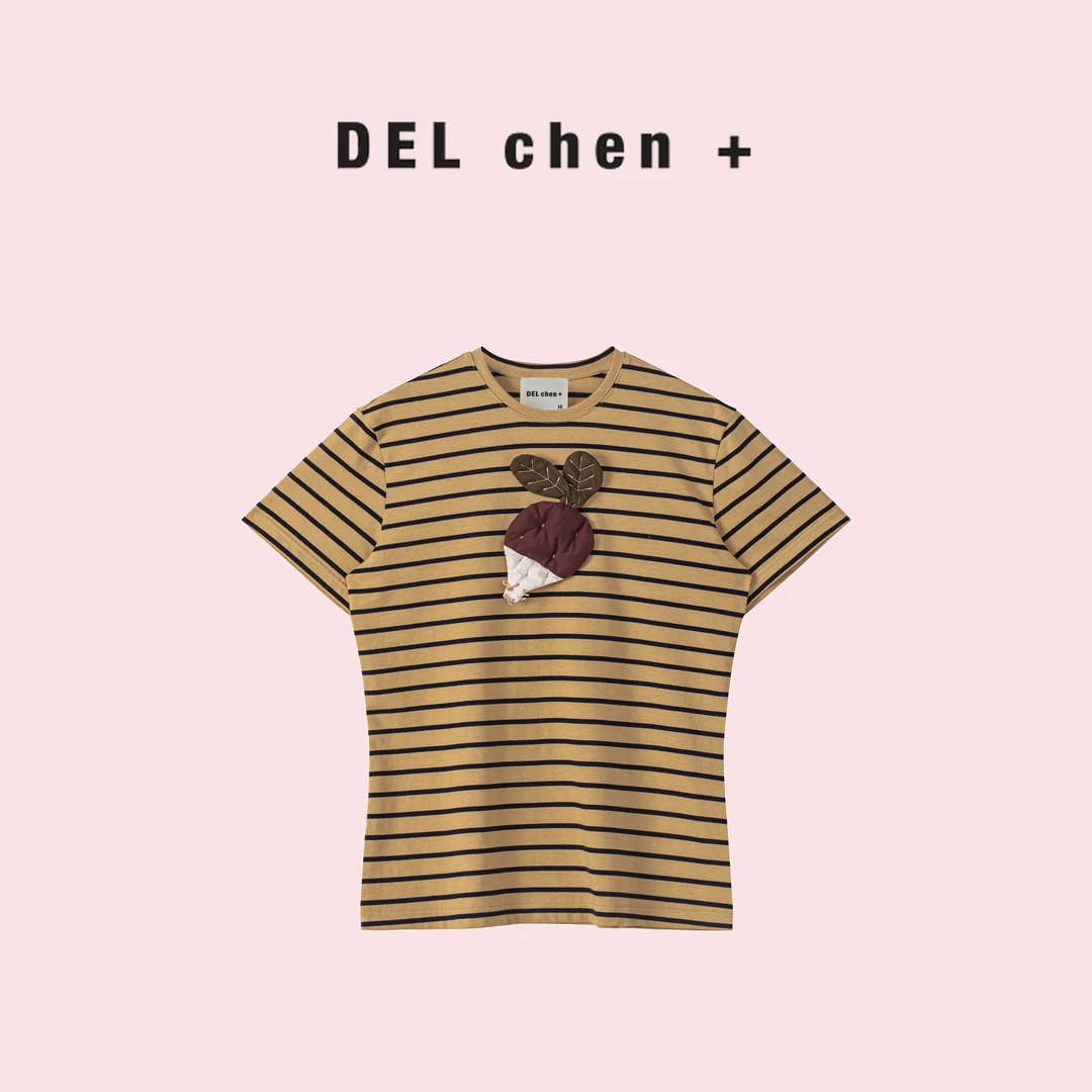 DELCHEN+ 2025春夏 杏色条纹萝卜短袖圆领T恤 DC+TY71175