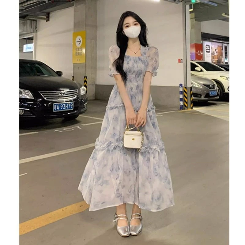 大码女装碎花连衣裙女夏季收腰显瘦裙子超仙森系微胖mm垂感a字裙