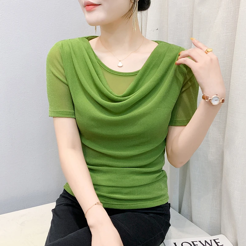 圆领纯色百搭网纱短袖女2025年夏季洋气时髦休闲女装独特漂亮小衫