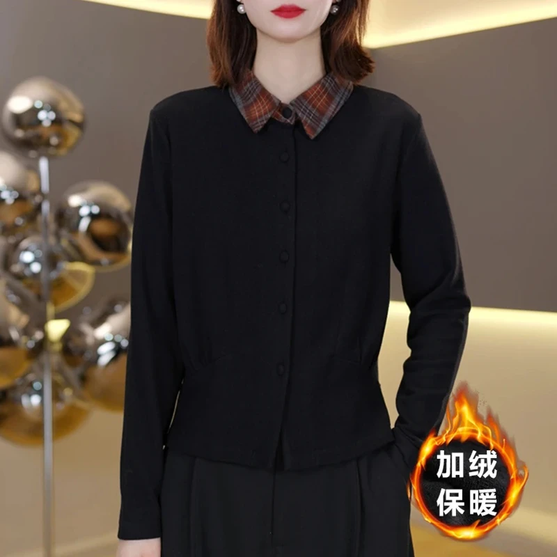 时尚气质百搭长袖打底衫女2025秋冬新款内搭显瘦翻领加绒保暖上衣