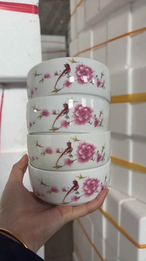 景德镇高温陶瓷水点桃花米饭碗4个