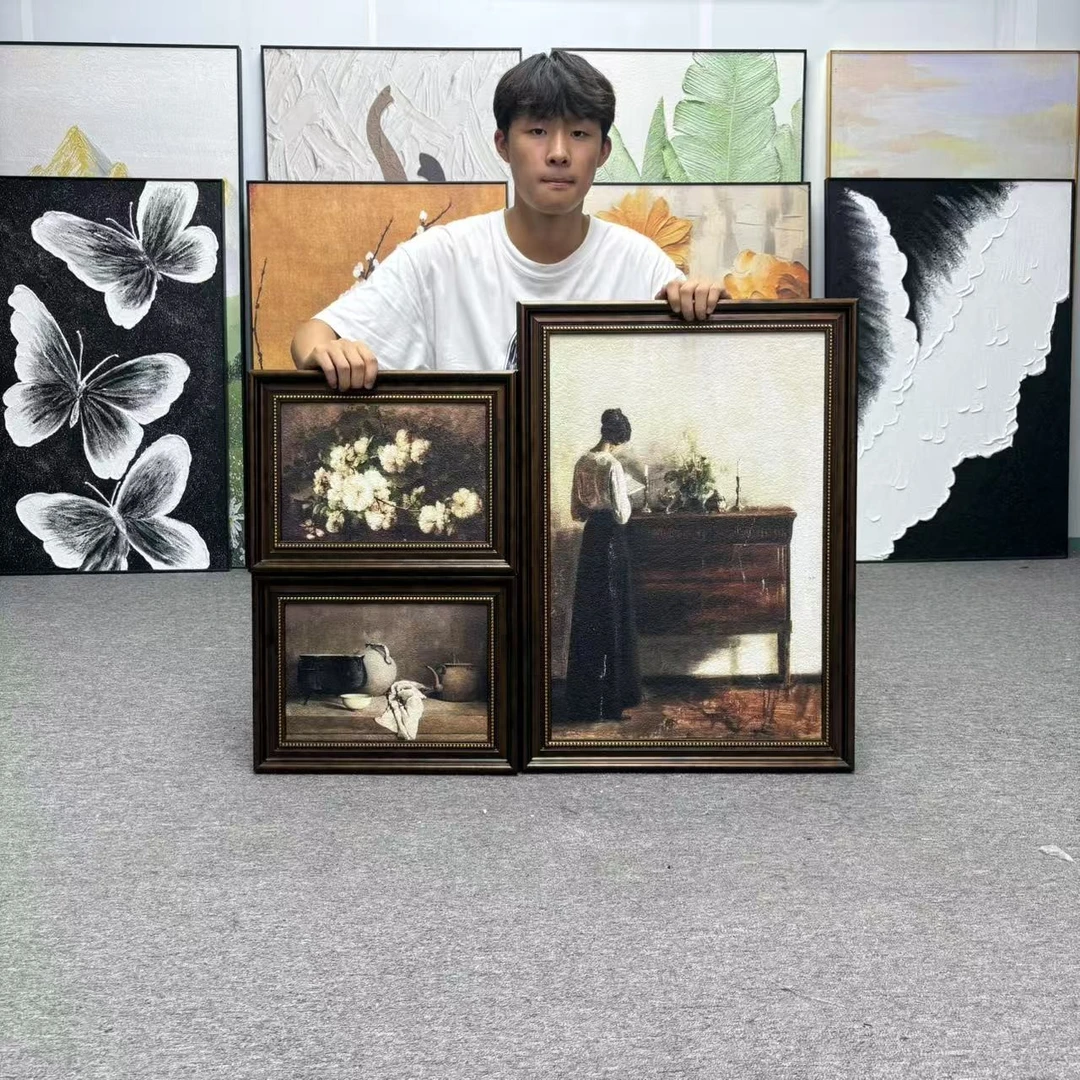 三联组合中古法式复古侘寂风客厅餐厅装饰画走廊玄关挂画女人3570