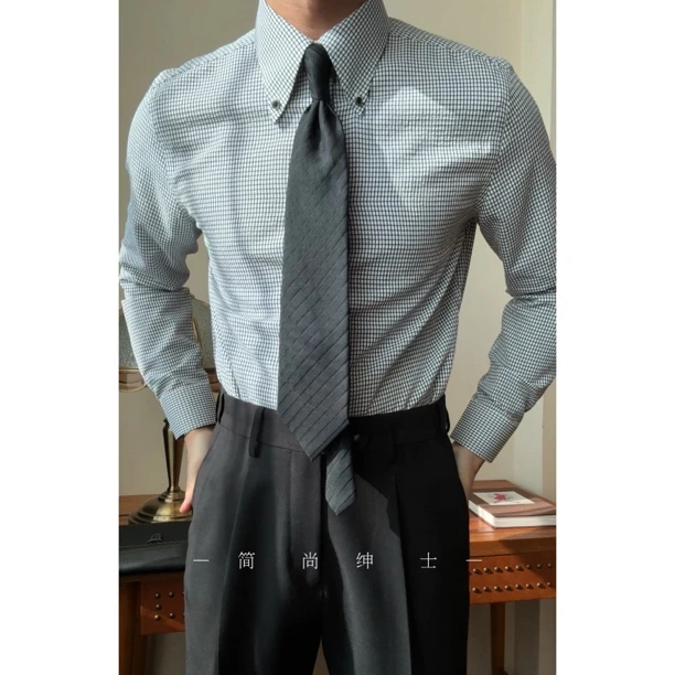 男士长袖泡泡纱格纹棉质混纺免烫尖领衬衫3401