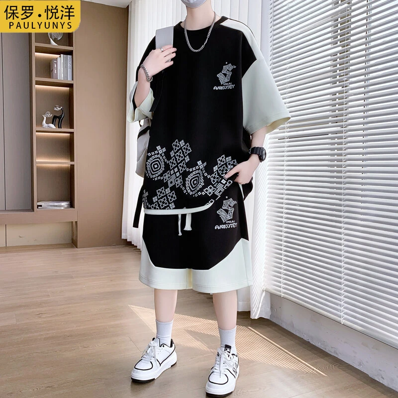 高级感休闲运动套装男冰丝夏季潮牌短袖t恤五分裤短裤穿搭一整套