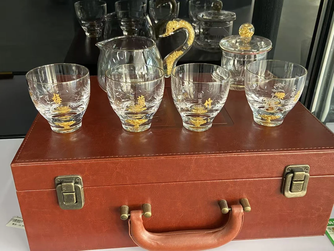 金箔茶具礼品套装木箱水晶玻璃，春夏秋冬，梅兰竹菊，功夫无铅茶杯。