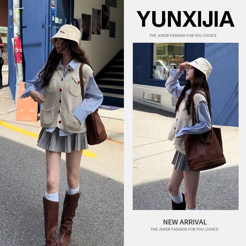 2025超火一整套时尚甜美减龄韩版宽松百搭休闲衬衫马甲短裙三件套