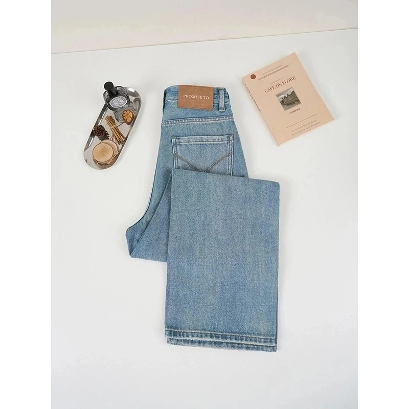 【现货+运费险】2025春夏款雾霾蓝窄版阔腿无弹高腰牛仔垂坠直筒裤