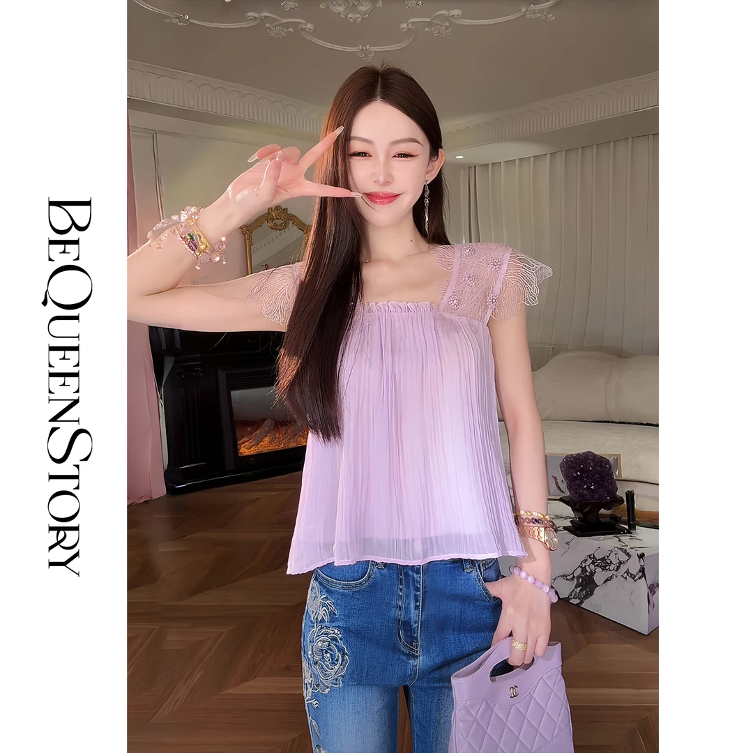 余潇潇【花肩有约】闪光丝蕾丝边手工缝制花朵小飞袖背心2025夏季